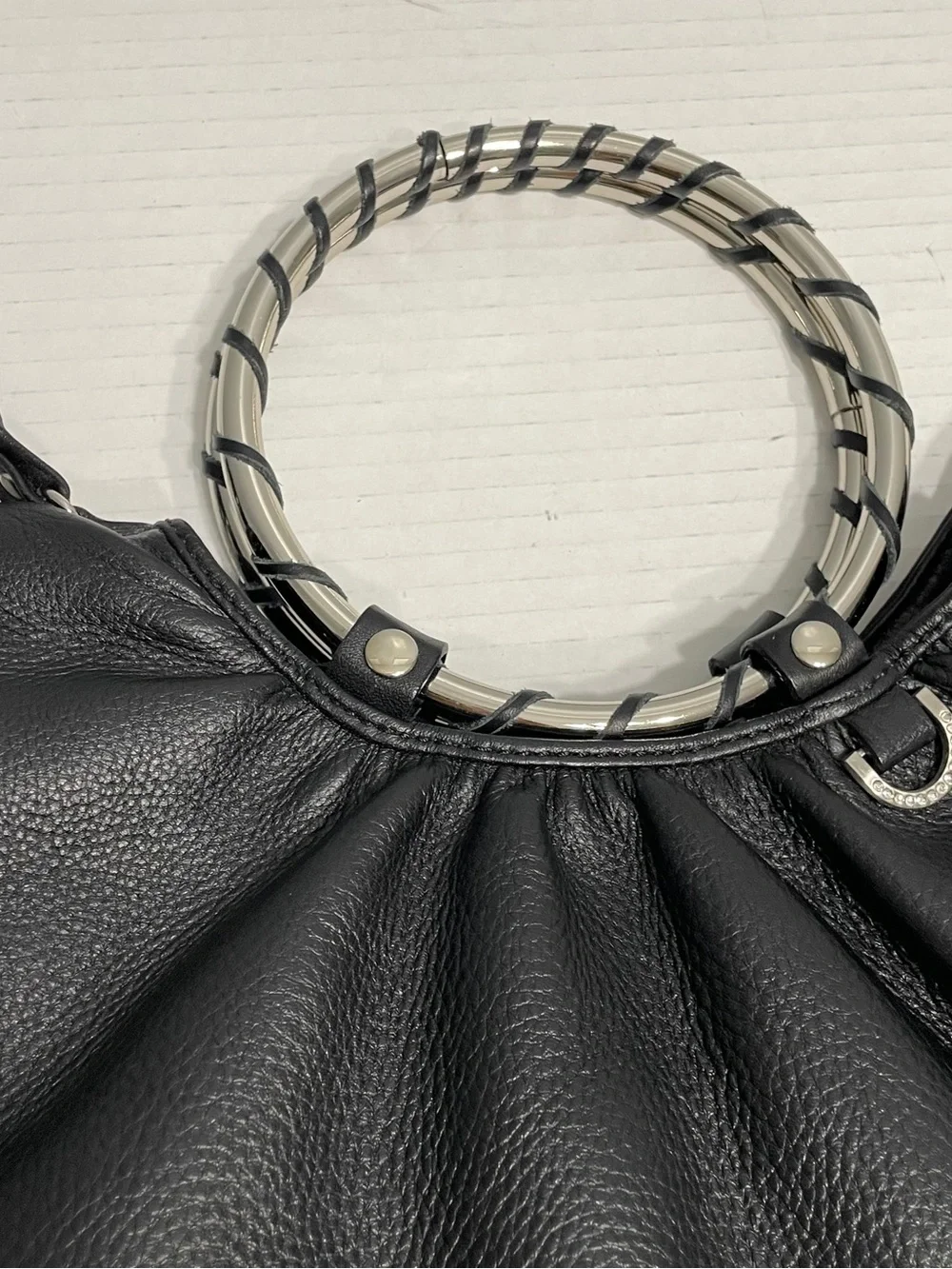 Vintage Babee D Black Leather Ring-Handle hobo bag handbag boho western